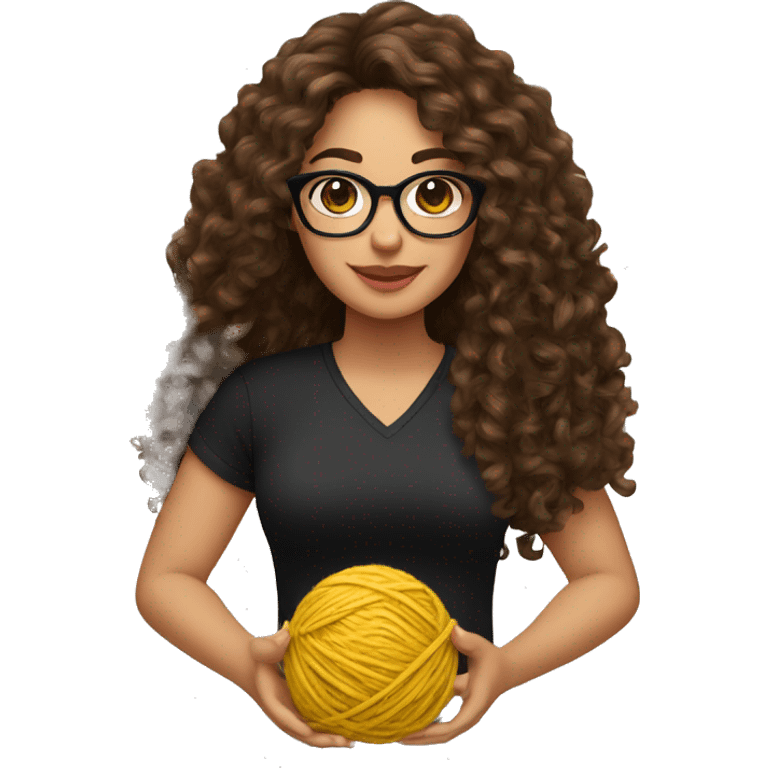 pretty Hispanic woman that has long brown curly hair holding one ball of yarn with both arms wearing a black shirt and black glasses emoji