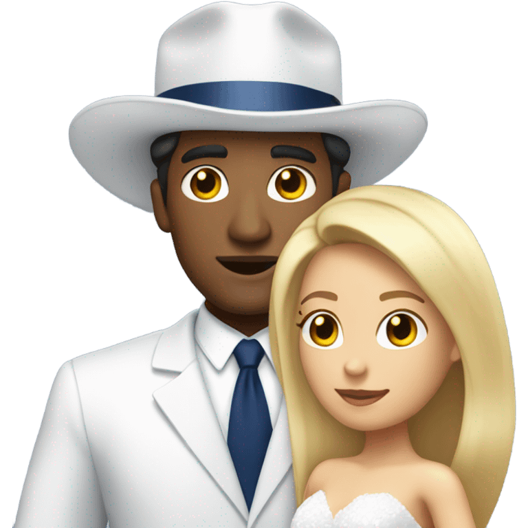 Puerto rican beard short hair with blue hat and navy blue suit getting Married with blond long hair girl with white  wedding dress  emoji