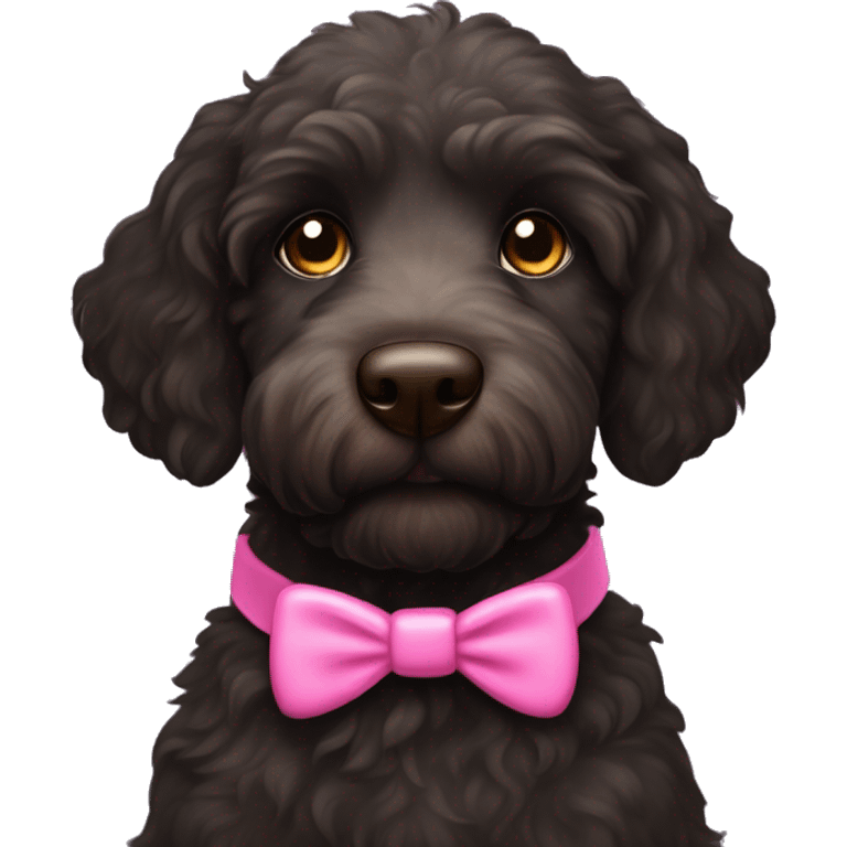 Black labradoodle female dog with brown eyes and a pink collar on with the name Bonnie emoji