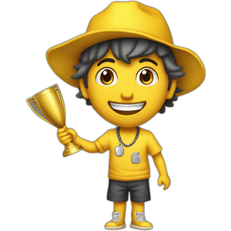 niño con gorro amarillo y con un trofeo amarillo sonriente se le ve los dientes emoji