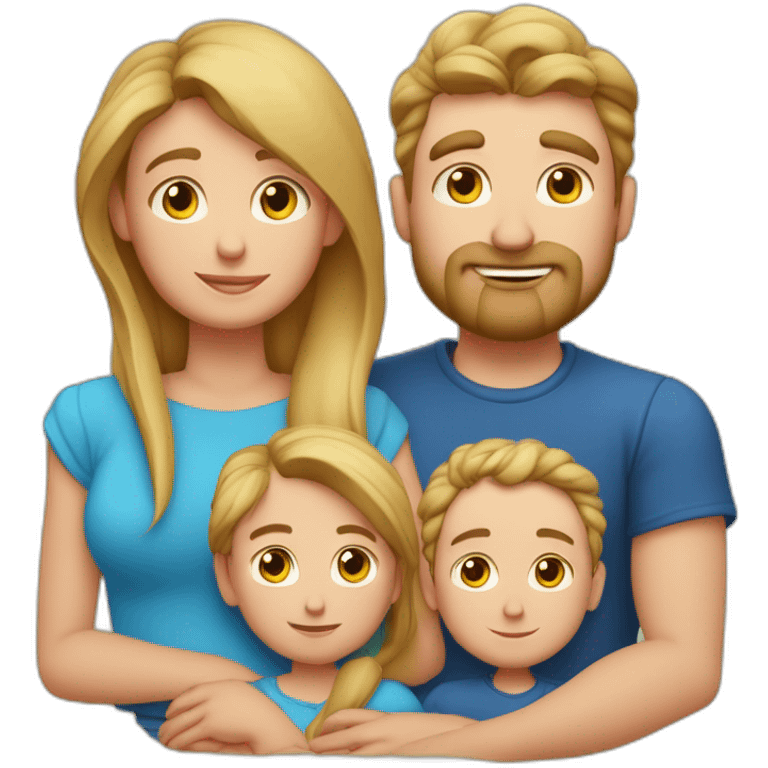 Familia de cuatro miembros padre con poco pelo y alto y gordo madre con pelo rizado rojo hija rubia con ojos azules e hijo alto y delgado emoji