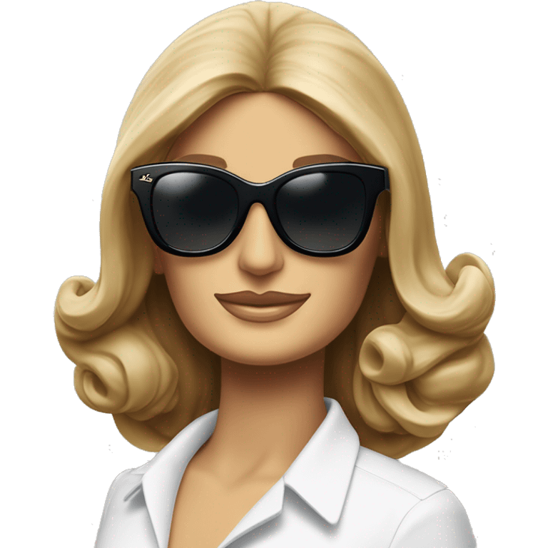 Dalida avec une chemise d’été Lacoste et une grosse paire noire de lunettes de soleil Ray Ban  emoji