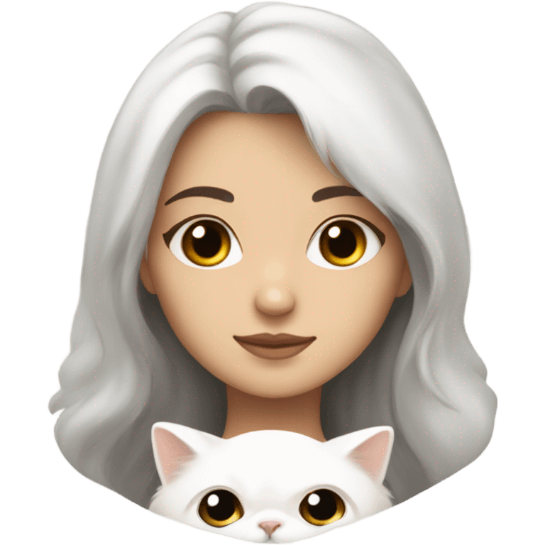 Brunette girl with a mole on her right cheek snuggling white Persian cat emoji