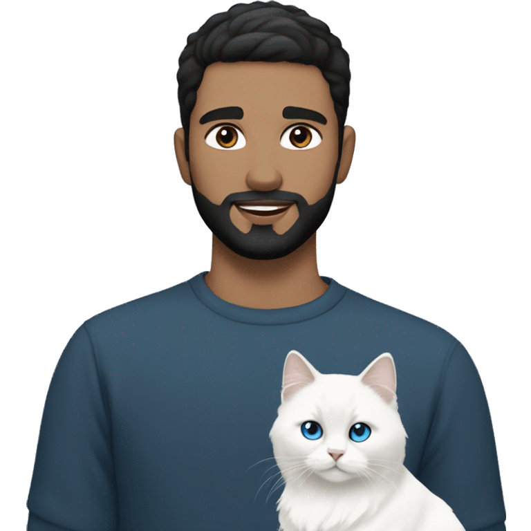 A guy with a black earing and black short hair and black beard and holding a all white Siberian cat with blue eyes  emoji