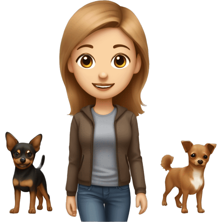 A light brown haired girl, walking a miniature Pinscher and a light brown Finnish lapphund emoji