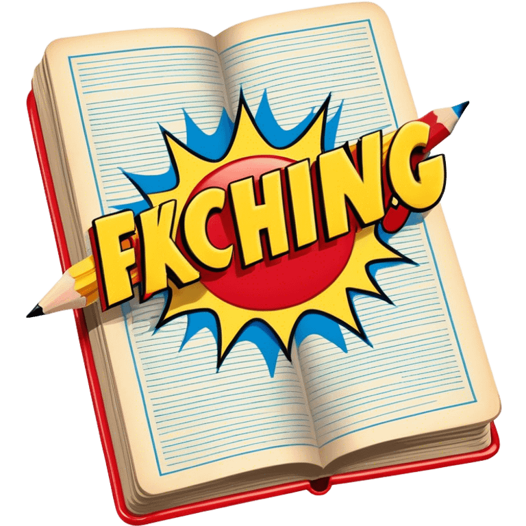 Create a vibrant emoji, representing comic books and graphic novels as an art form. The design should feature a large, opened comic book with vintage comic panels on the pages. Include a pencil (without a hand), writing text or sketching on the pages. The comic panels should have bold lines and retro-style artwork with classic comic book visuals. Use bright, energetic colors like red, yellow, and blue to evoke excitement and creativity. The overall design should feel dynamic, vintage, and artistic. Make the background transparent. emoji