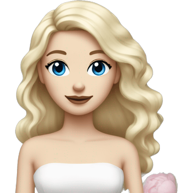 White bride with long light blonde hair and blue eyes with light pink peonies in hair white skin  emoji