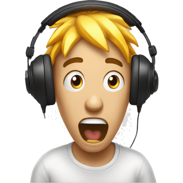 explosion face man wearing headphones, very surprised with wow face, mind blown looking at a computer screen emoji