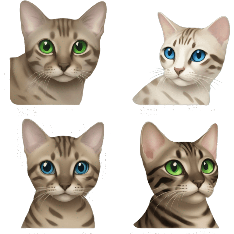 Seal Bengal cat with Blue eyes + charcoal Sepia bengal cat with Green eyes sitting  emoji