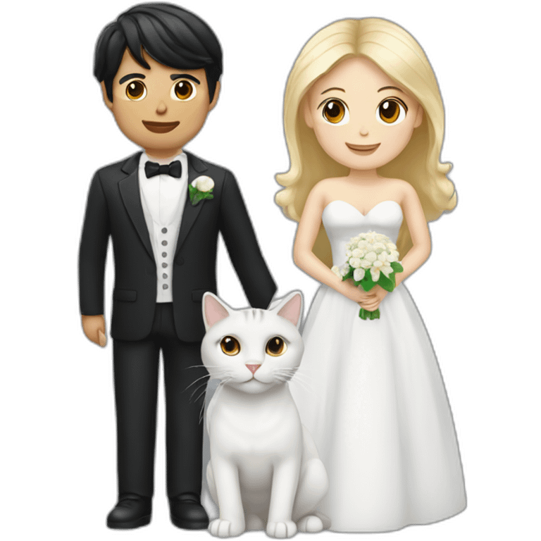 blond man, black hair white skin woman, marriage and holding gray cat emoji