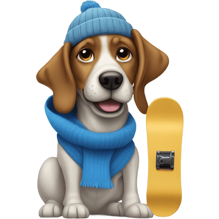 Dog with blue hat floppy ears on a snowboard emoji