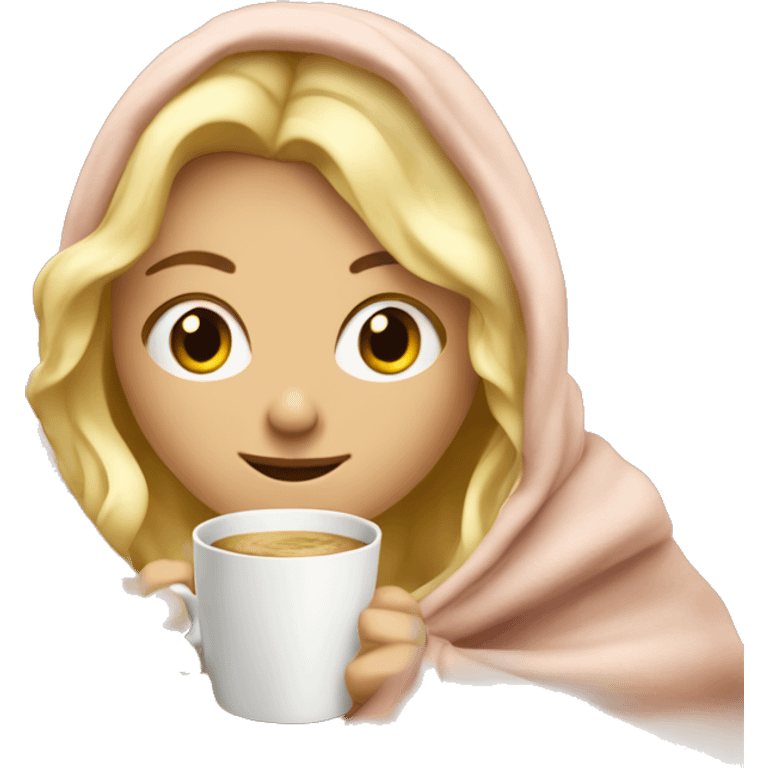 Blonde girl inside a blanket sipping coffee eyes closed emoji