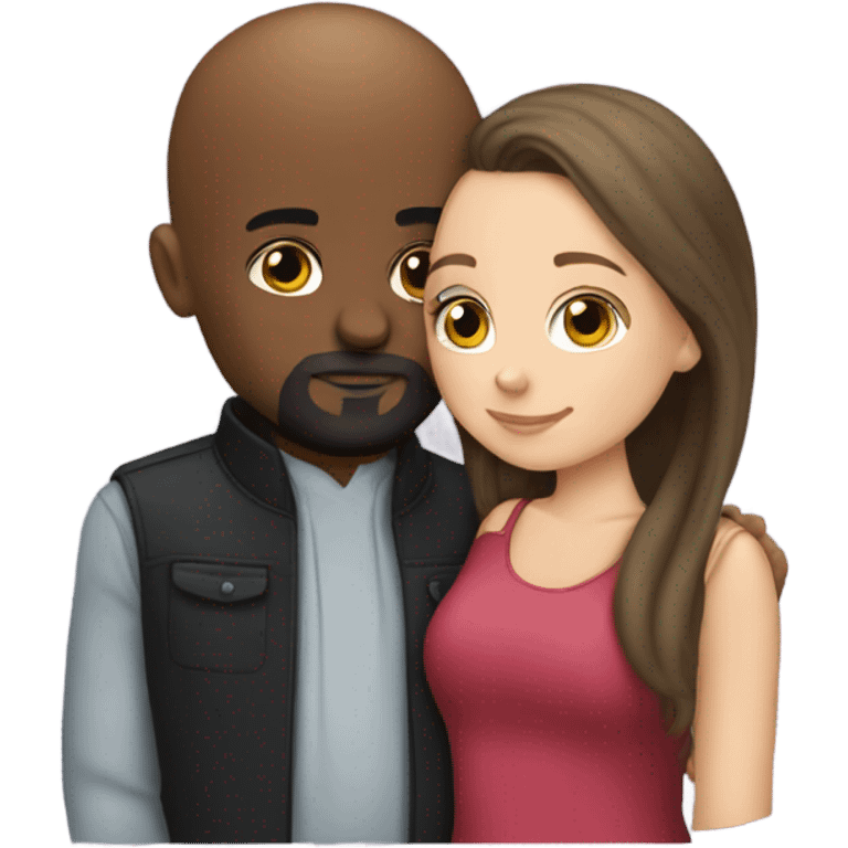 White girl brunette kissing black bald man with beard emoji