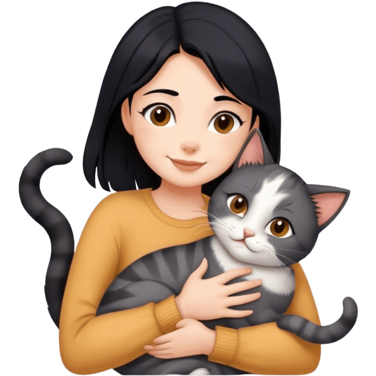 happy girl with black hair hugging three cats  (carey cat, gray cat, brown calico cat) emoji