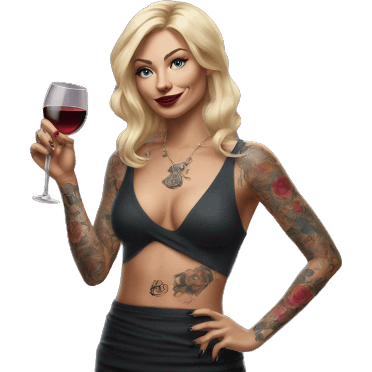 Blonde elegant women, her body covered with tattoos, wine in her one hand, pointing on myself with her other hand , Hyper realistic emoji