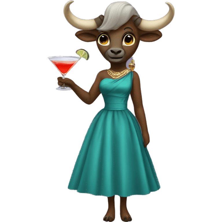 Anthropomorphic female buffalo wearing a cocktail dress emoji