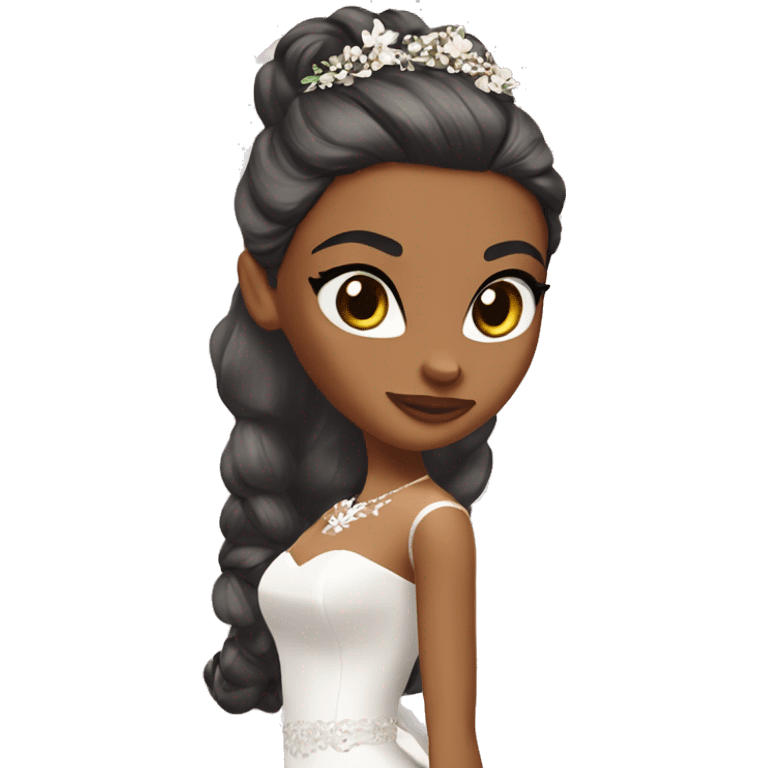 Bratz, bride, black half up half down hair, olive skin, brown almond cat eyes emoji