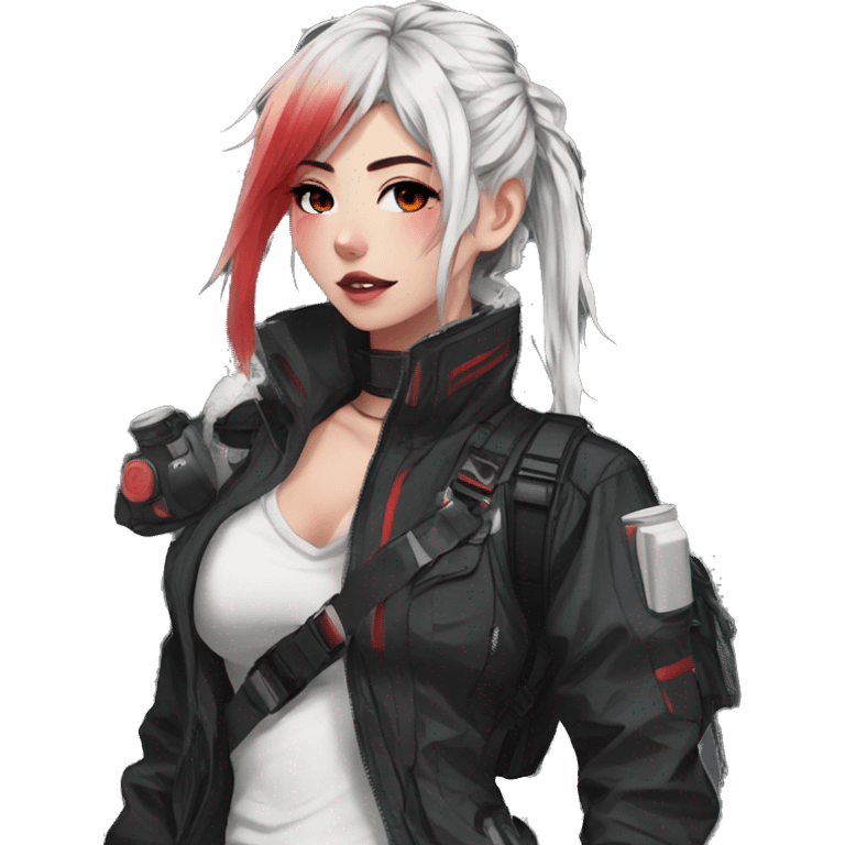 Gorgeous techwear anime style lady with blushing face aesthetic and pretty edgy black red white punk messy hair with collar and harness trending style emoji