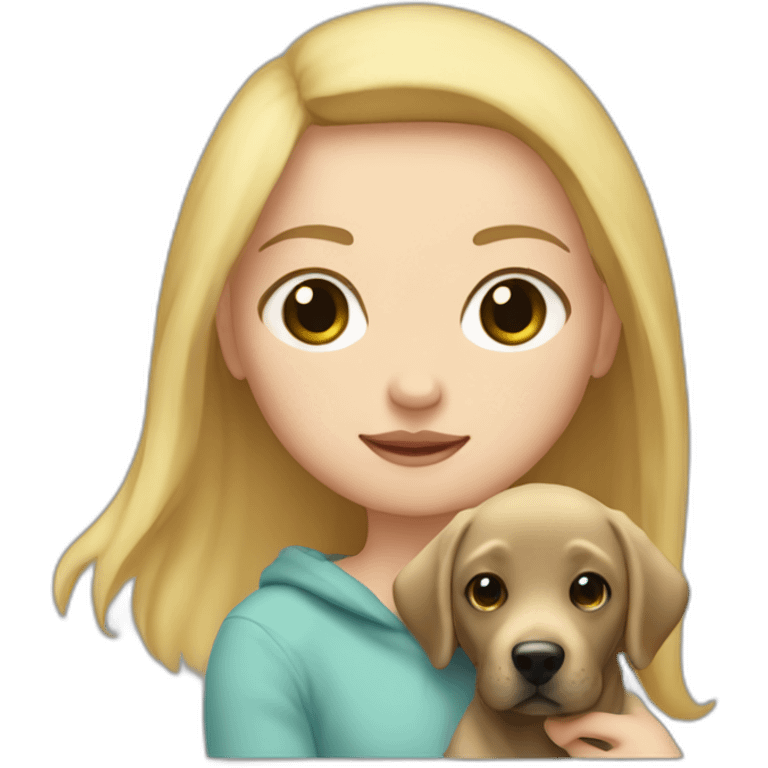 A blonde girl with smooth hair and a ray in the middle of his hair, she has light skin a few freckles, and she wear a hoodies and she Carries in his arms a baby black labrador dog  emoji