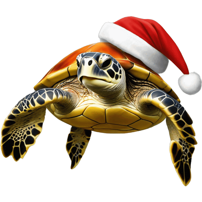 a sea turtle is swimming, smiling, wearing a santa hat, art, realistic art, white background, side view emoji