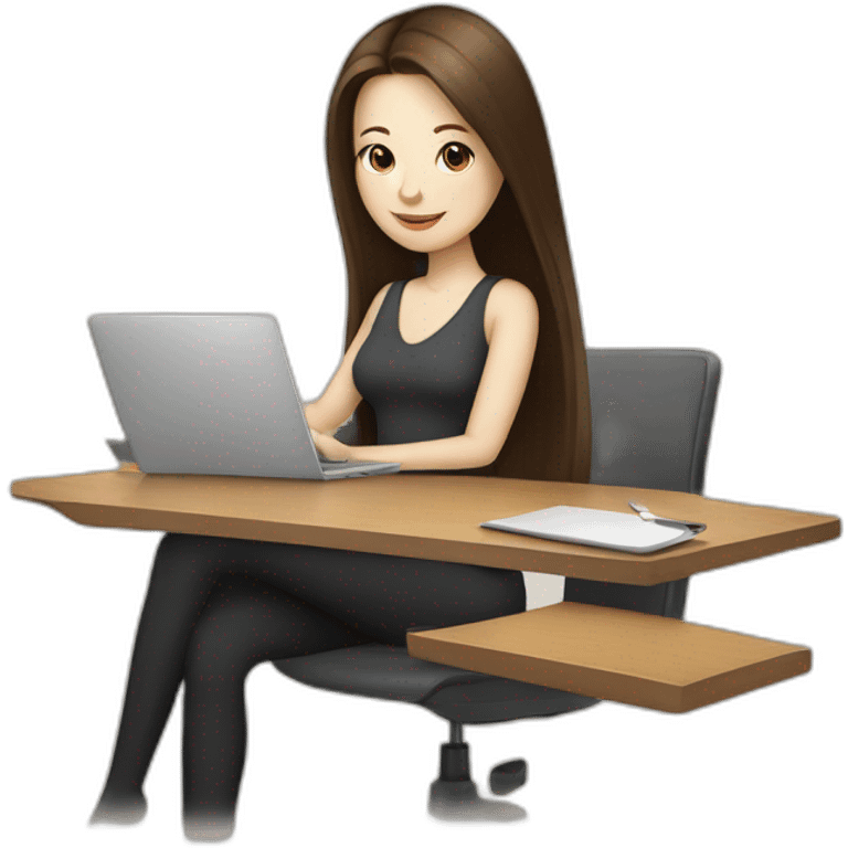 woman with long straight brown hair and pale skin using a laptop as a serving tray for a coffee mug emoji