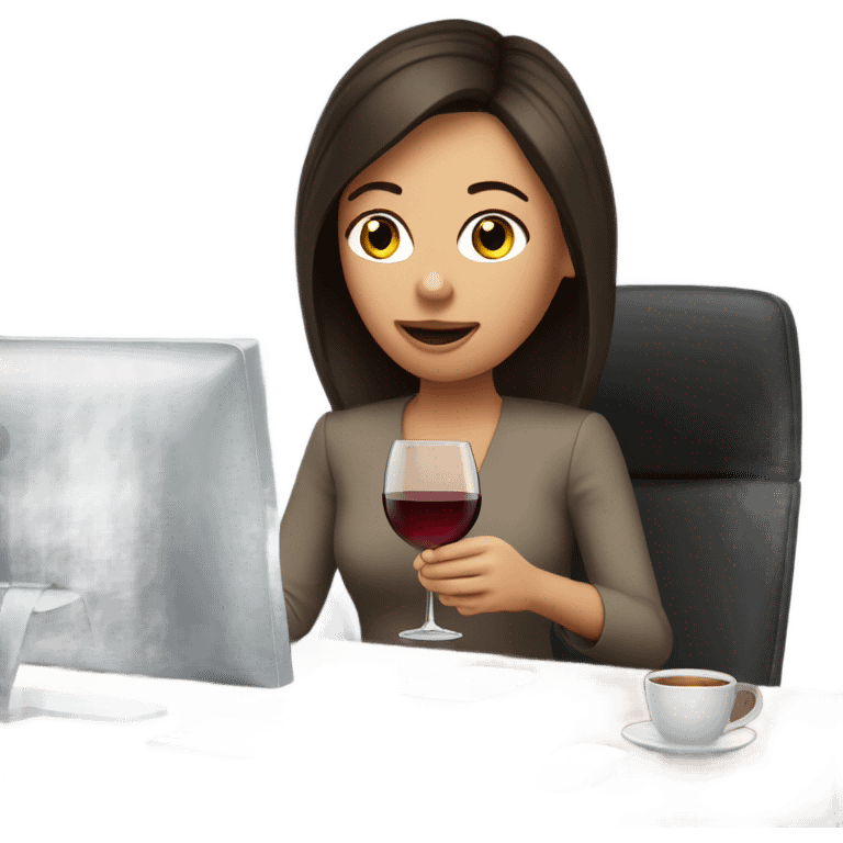 Cute office working brunette drinking wine while at computer emoji