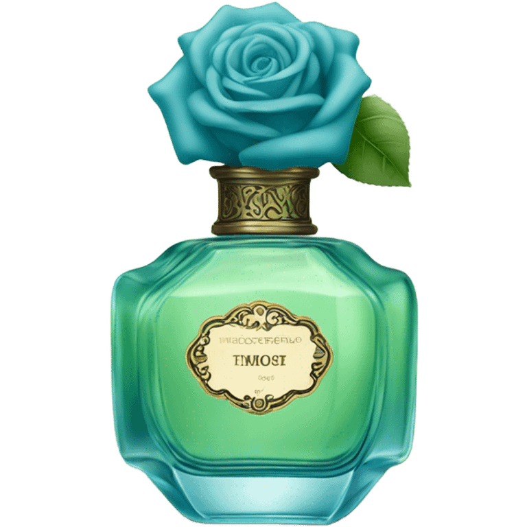 Aesthetic composition of soft blue roses with a vintage-style green  perfume bottle.
 emoji