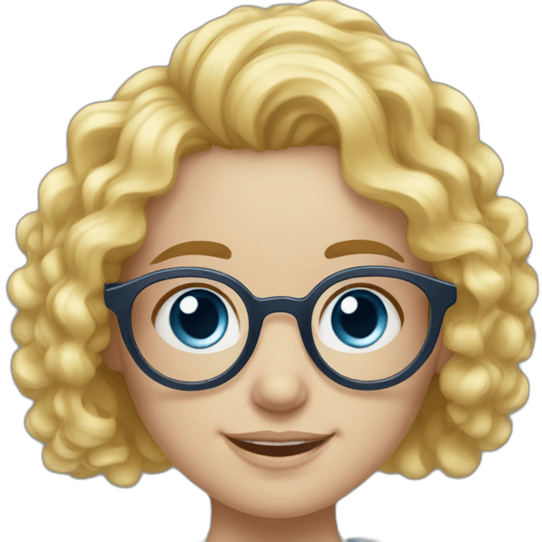 a girl with curly yellow hair to her neck and with round large glasses, Russian-Jewish appearance, with snow-white skin and a smile, and gray-blue eyes emoji