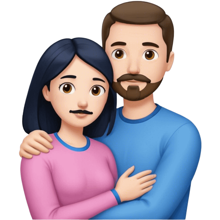 Tall white man with brown mustache goatee wearing blue AND a short pale woman with long black hair wearing pink, hugging emoji