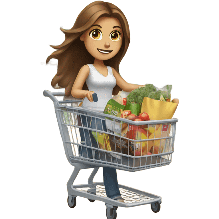 Lady with long brown hair and brown eyes with shopping cart and coupons emoji