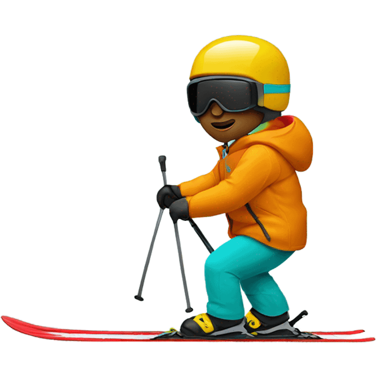 white man skiing in dark yellow orange jacket and red helmet and turquoise pants emoji