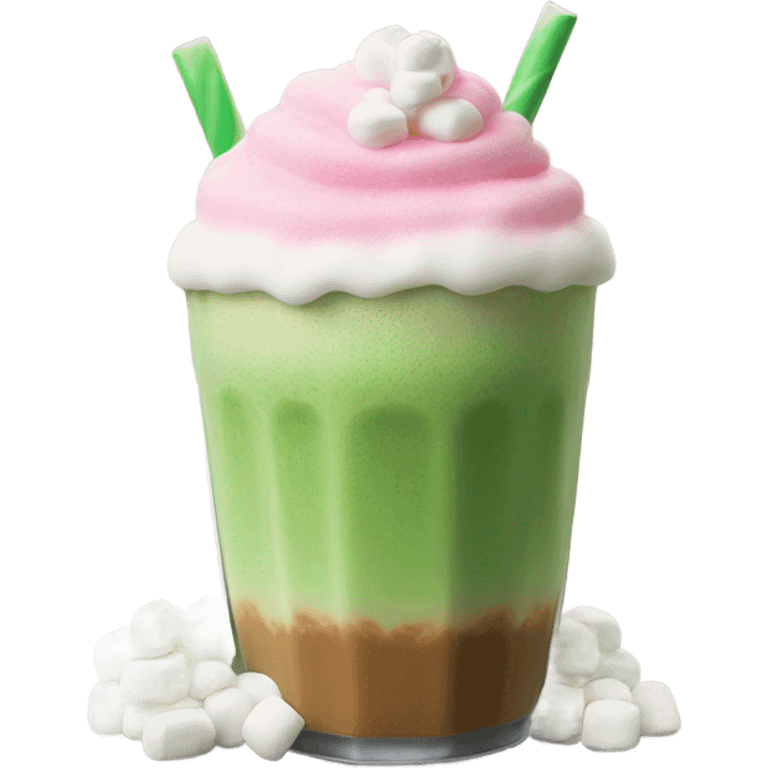 ice latte matcha with pink foam and marshmallow  emoji