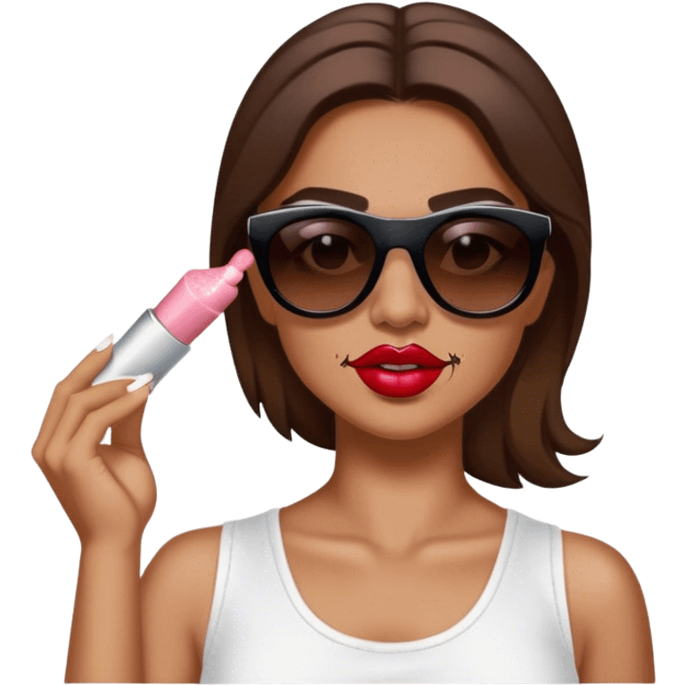 White woman with brown hair posing as salt bae with sunglasses. She is sprinkling salt on top of lipsticks, eyeshadows, and blushes emoji