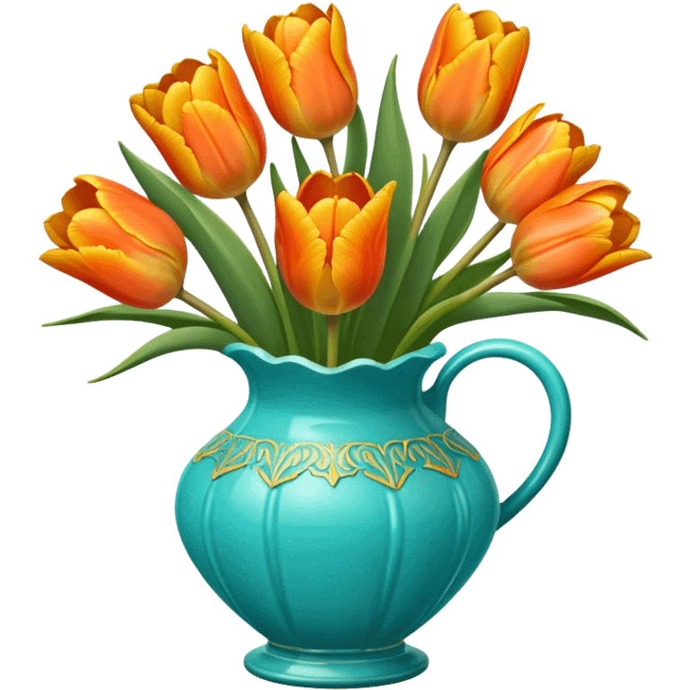 Bouquet of orange and yellow tulips in detailed, scalloped turquoise glass vase emoji