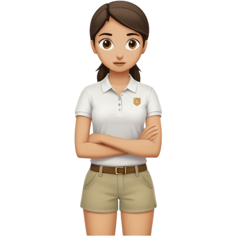 Pool attendant. white polo shirt. khaki shorts. Arabic. Arms crossed. girl emoji