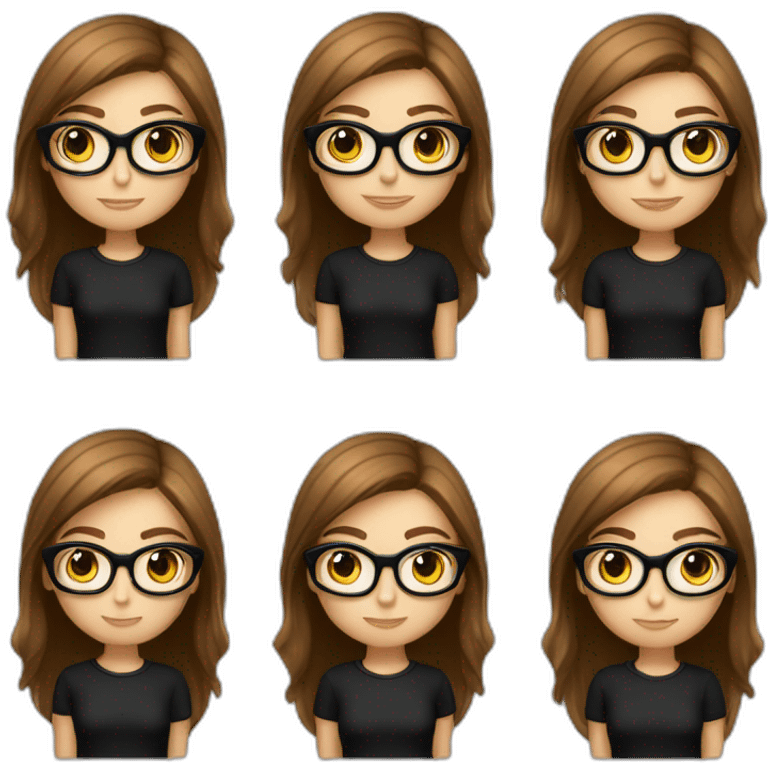 Pretty girl model with brown  hair wearing  black eye glasses and a a black t shirt emoji