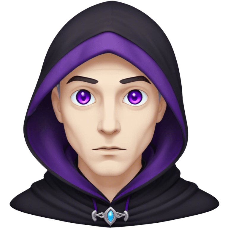 A pale sorcerer in a flowing black hood, his eerie violet eyes locked onto the viewer emoji