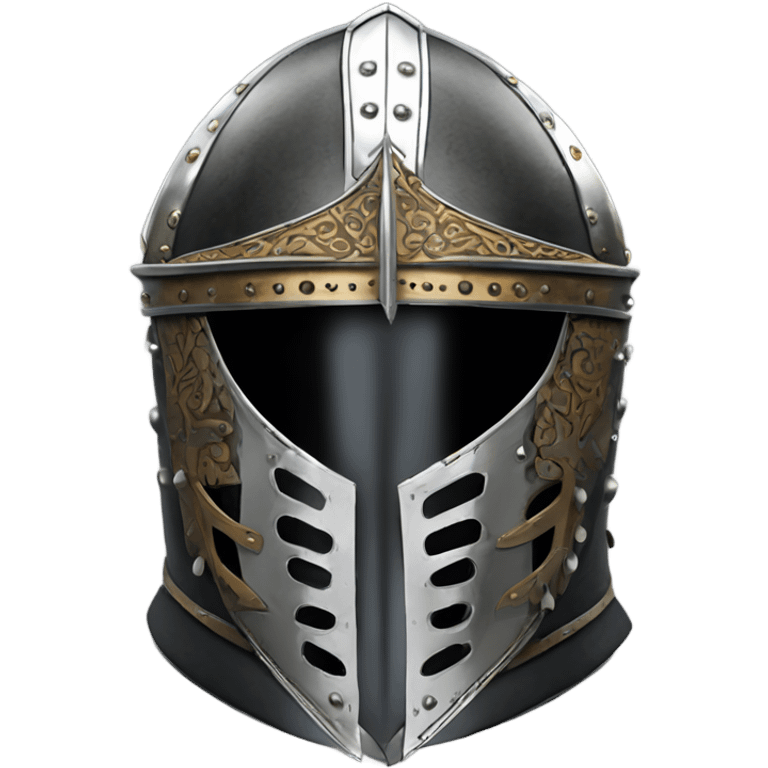 elaborate full-face closed armet medieval helmet armor intricate chrome inlays emoji