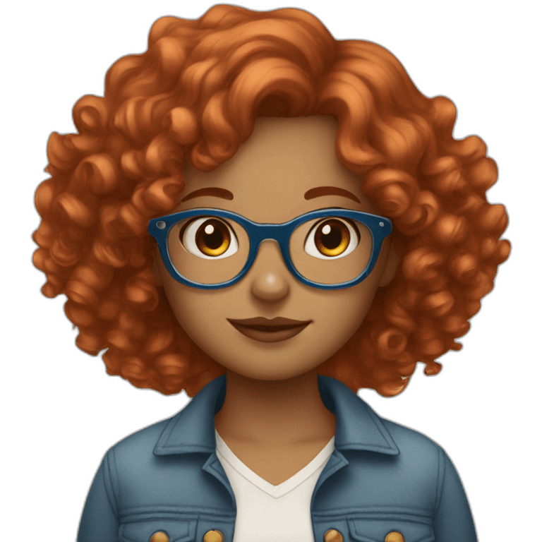 pretty girl with curly copper hair and blue glasses holding a big banner emoji