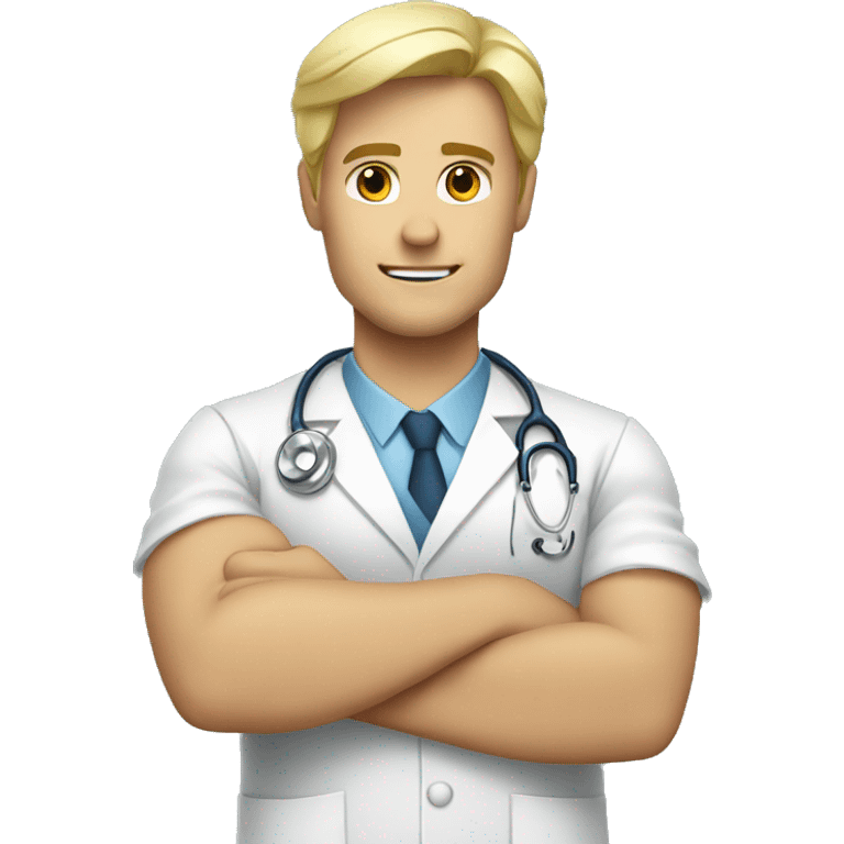 Blond male doctor showing strong biceps emoji