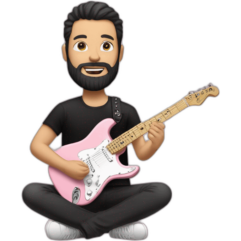 white man with dark beard and black t shirt and pastel pink stratocaster electric guitar emoji