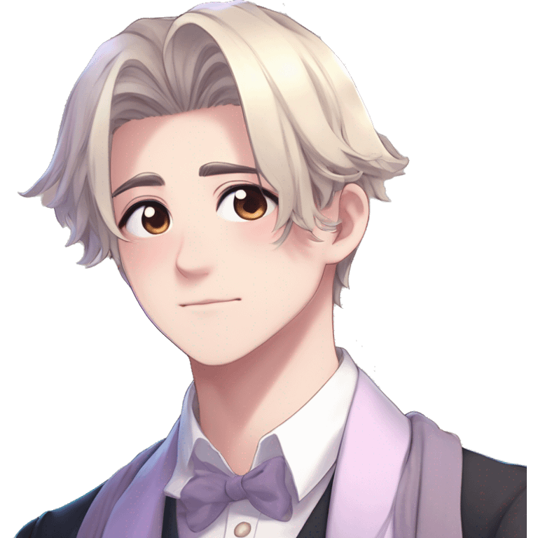 Gorgeous romantic hot attractive anime style modern gentlemanly anime shojo guy with pretty ponytail hair and colorful eyes and blushing face aesthetic trending style  pastelcore cottagecore kawaiicore emoji