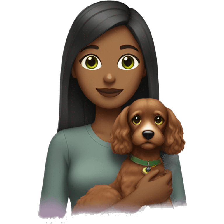 brown girl with straight hair green eyes holding a cavoodle emoji