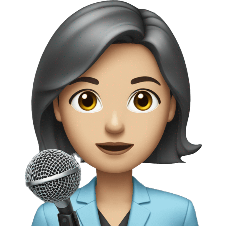 A woman with dark brown hair and light blue eyes wearing a suit and holding a microphone emoji