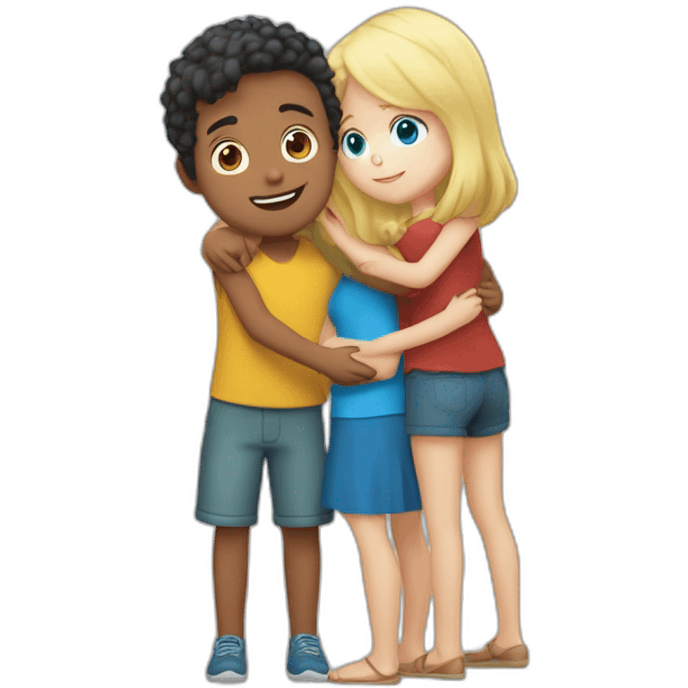 Boy with Dark red hair and blue eyes Hugs girl with blonde hair and blue eyes and boy with blonde hair and green eyes emoji