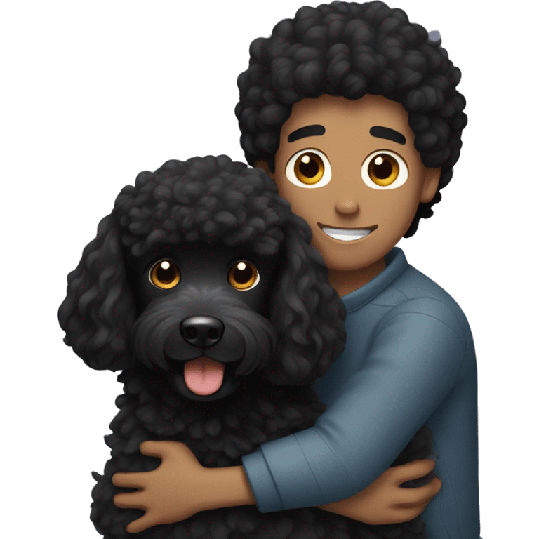 Black haired guy hugs black poodle dog  emoji