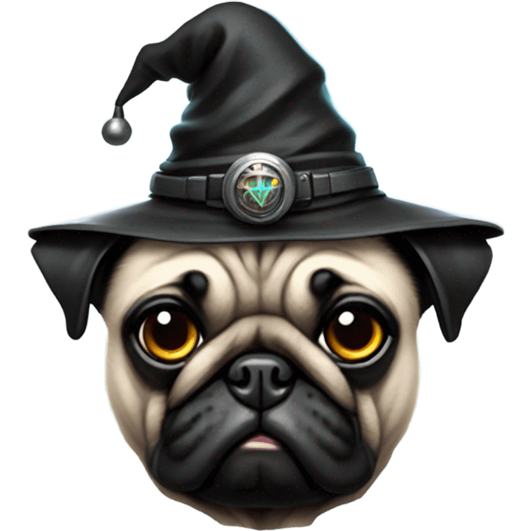 cyberpunk pug wearing a black wizard's hat emoji