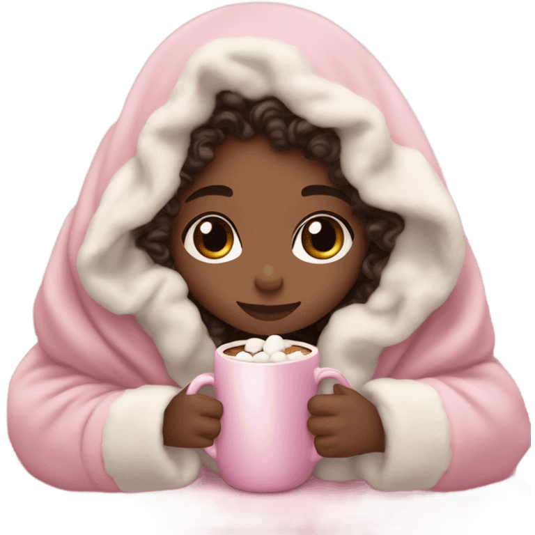 Light skin girl sitting up with dark dark brown curly hair under our pink blanket,make her look like a young  make it so you can see the curly hairsipping hot cocoa with marshmallows, cuddled around the blanket, long curly hair, long, medium lashes emoji