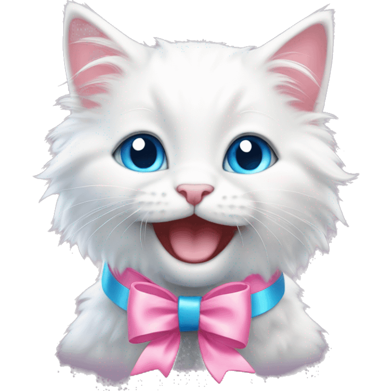 A happy cute fluffy white kitten with blue eyes and a pink bow  emoji