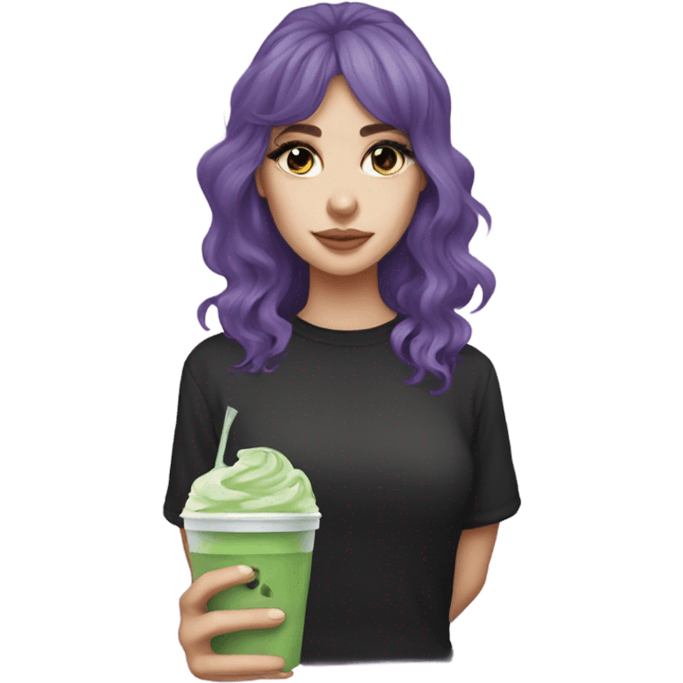  one white girl with eyeliner, mid length hair wavy, purple hair, bangs, holding iced matcha, dark shirt emoji